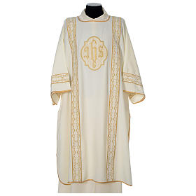 Capas de Asperges, Dalmáticas, Paramentos Romanos: Dalmática Marfim IHS Galões Dourados Veludo