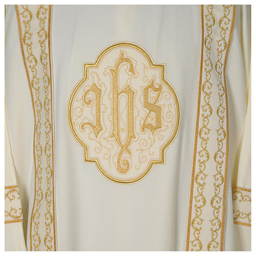 Dalmatic with gold embroidered lateral bands and IHS symbol 2