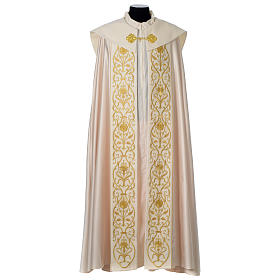 Chapes, Chasubles Romaines, Dalmatiques: Chape ivoire satin IHS bande appliquée velours or