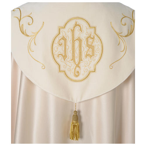 Liturgical Cope with IHS gold embroidered on hood and velvet panels 6