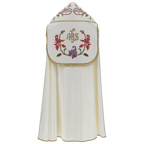 Priest cope in 100% bamboo with ecru floral decorations and fringes Limited Edition 6