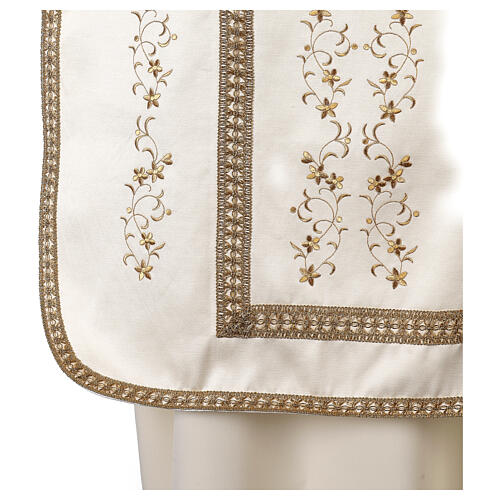 Casula romana cor de marfim bordado dourado cetim mistura de algodão 7