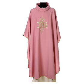 Pink chasuble with JHS and cross, 100% polyester