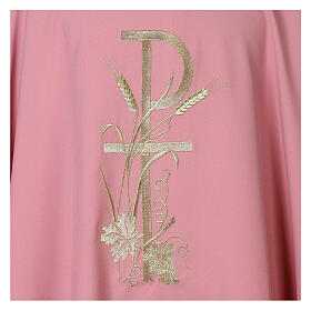 Pink chasuble with ears of wheat, grapes and cross, 100% polyester