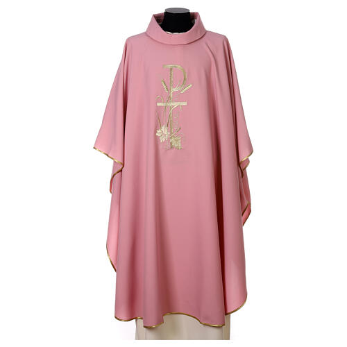 Pink chasuble with ears of wheat, grapes and cross, 100% polyester 1