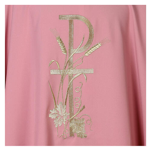 Pink chasuble with ears of wheat, grapes and cross, 100% polyester 2