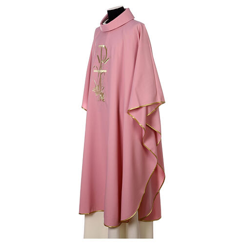 Pink chasuble with ears of wheat, grapes and cross, 100% polyester 3