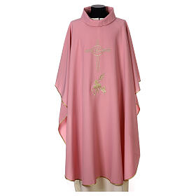 Pink chasuble with JHS, grapes, ears of wheat and cross, 100% polyester