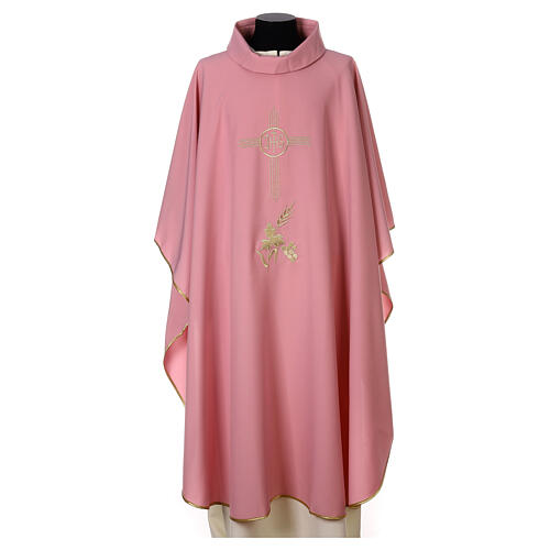 Pink chasuble with JHS, grapes, ears of wheat and cross, 100% polyester 1