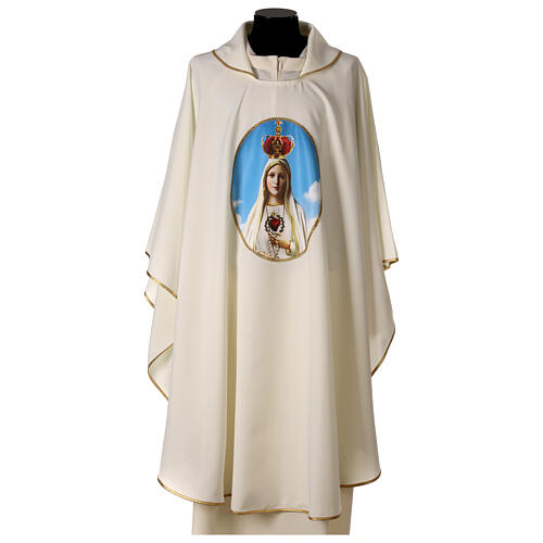 Chasuble mariale impression Notre-Dame de Fatima 100% polyester couleur ivoire 1