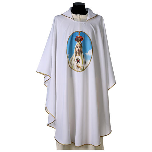 Chasuble mariale impression Notre-Dame de Fatima 100% polyester blanc 1