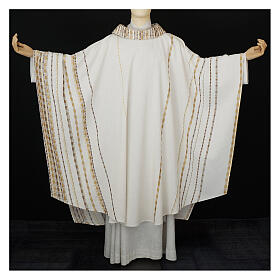 Ivory chasuble of hand-woven raw silk with golden ribbons by Atelier Sirio