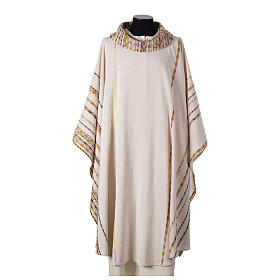 Ivory chasuble of hand-woven raw silk with golden ribbons by Atelier Sirio