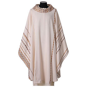 Ivory chasuble of hand-woven raw silk with golden ribbons by Atelier Sirio