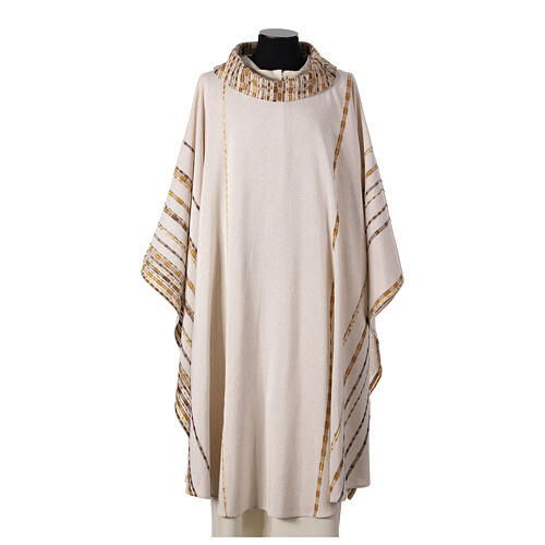 Ivory chasuble of hand-woven raw silk with golden ribbons by Atelier Sirio 2