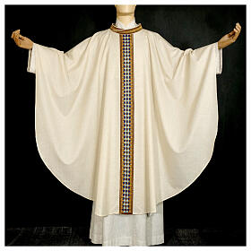 Marian chasuble "Linea M", wool and lurew, blue and golden orphrey, Atelier Sirio