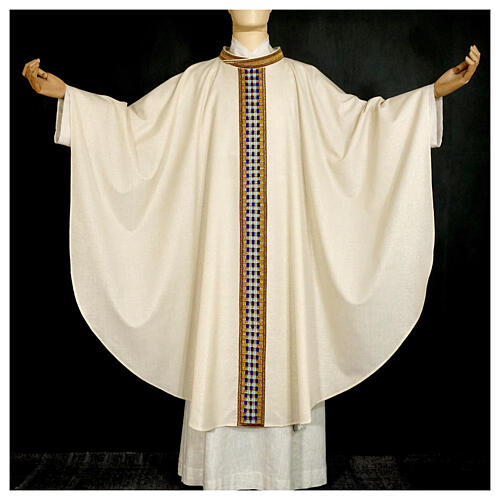 Marian chasuble "Linea M", wool and lurew, blue and golden orphrey, Atelier Sirio 1