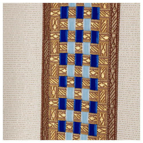 Marian chasuble "Linea M", wool and lurew, blue and golden orphrey, Atelier Sirio 2