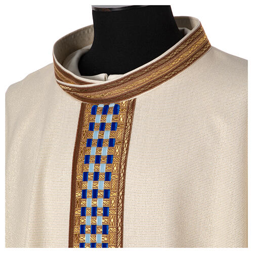 Marian chasuble "Linea M", wool and lurew, blue and golden orphrey, Atelier Sirio 4