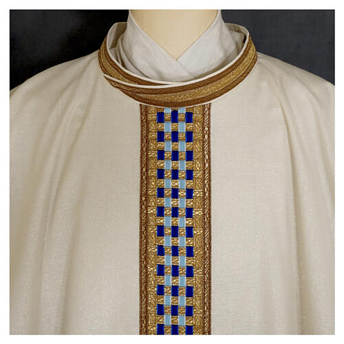Marian chasuble "Linea M", wool and lurew, blue and golden orphrey, Atelier Sirio 6
