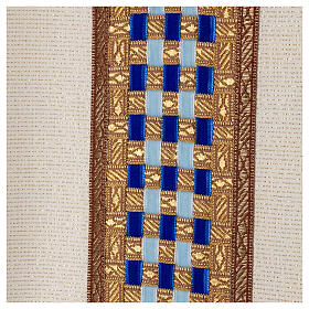 Casulla mariana "Línea M" lana lurex franja oro azul Atelier Sirio