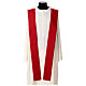 Red chasuble "Experience" with mixed fabrics and golden lines by Atelier Sirio s12