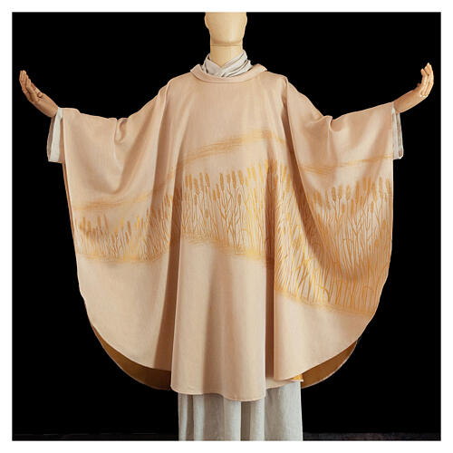 Chasuble with golden ears of wheat, jacquard rayon and cotton fabric, Atelier Sirio 1