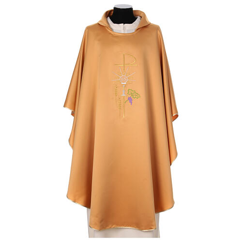 Golden chasuble with Eucharistic symbols, embroidered in gold and silver, polyester 1