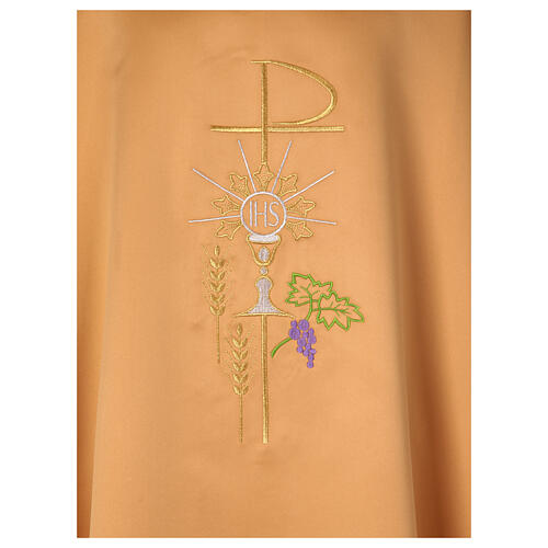 Golden chasuble with Eucharist symbols embroidered in gold, silver and polyester 2