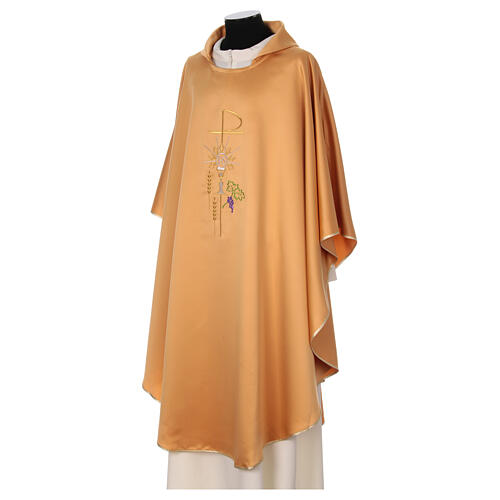 Golden chasuble with Eucharist symbols embroidered in gold, silver and polyester 3