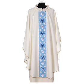 Kasel marianisch, mit besticktem Mittelstab in Hellblau – Elfenbein, 100 % Polyester