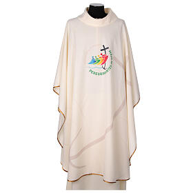 Cream-coloured chasuble with official logo of 2025 Jubilee printed