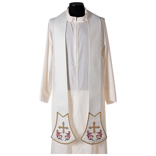 Priest stole, écru colour, floral embroidery and gold cross, Limited Edition 1