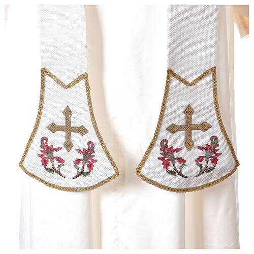 Priest stole, écru colour, floral embroidery and gold cross, Limited Edition 2