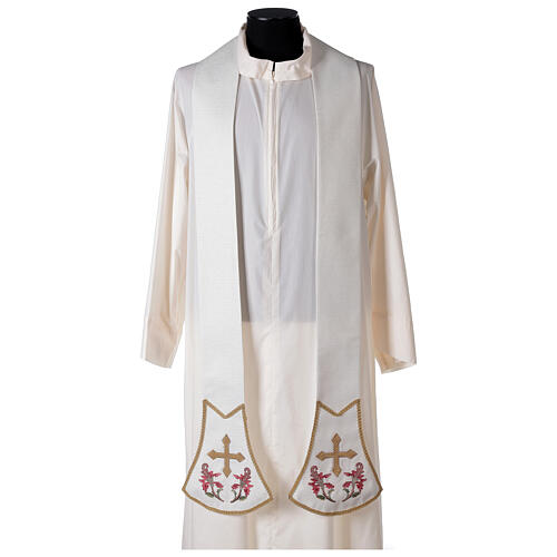 Priest stole in ecru with embroidered flowers and golden cross Limited Edition 1