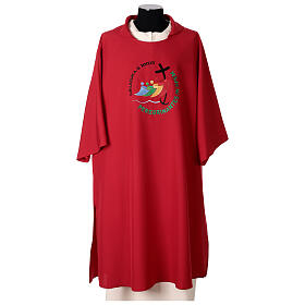 Red dalmatic with embroidered 2025 Jubilee official logo