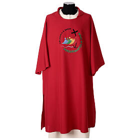 Red dalmatic with official Jubilee 2025 logo embroidered