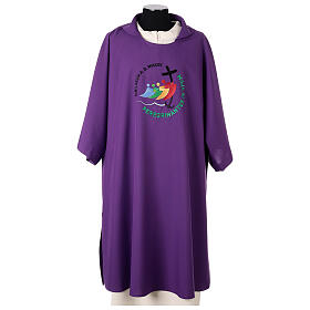 Purple embroidered dalmatic with official Jubilee 2025 logo