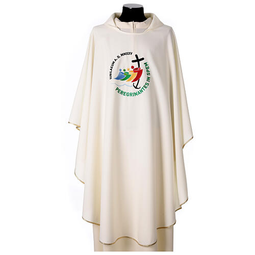 Chasuble with embroidered 2025 Jubilee official logo, ivory-coloured polyester 1