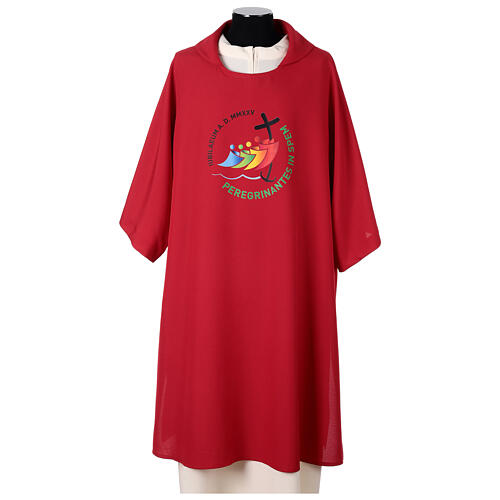 Dalmatic with printed official logo of 2025 Jubilee, red polyester, Multilingual 1