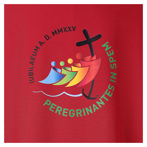 Dalmatic with printed official logo of 2025 Jubilee, red polyester, Multilingual 3