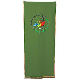 Green printed lectern cover with the official logo of the Jubilee 2025, multilingual.