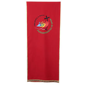 Red lectern cover with printed 2025 Jubilee official logo