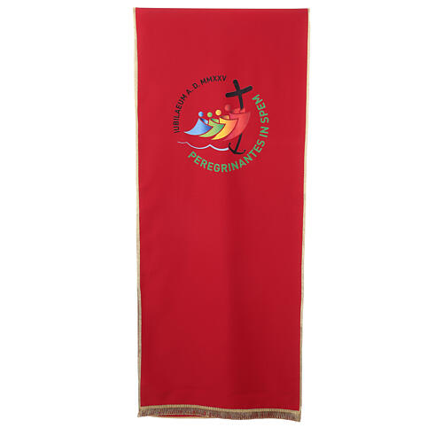 Red lectern cover printed with the official Jubilee 2025 logo 1