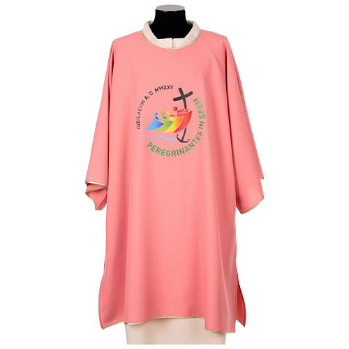 Pink dalmatic of Jubilee 2025, printed logo, Vatican fabric 1