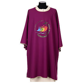 Dalmática morada Jubileo 2025 logotipo impresión colores tejido Vatican