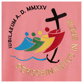 Embroidered pink dalmatic, Jubilee 2025 logo on Vatican fabric