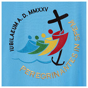 Embroidered dalmatic, Jubilee 2025 logo on Vatican light blue fabric