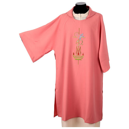 Embroidered pink dalmatic with cross, flame, Alpha, and Omega 3