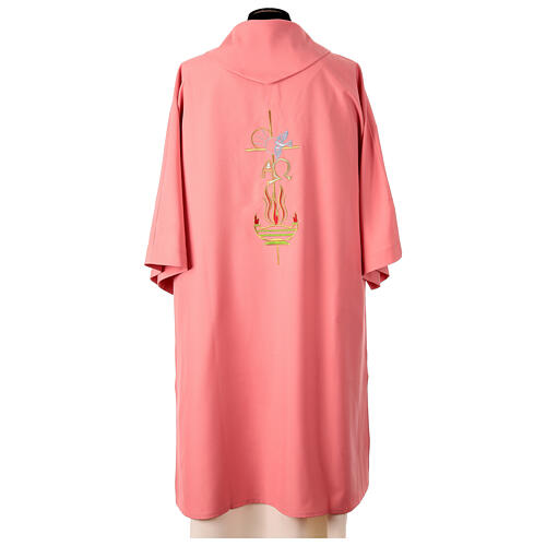 Embroidered pink dalmatic with cross, flame, Alpha, and Omega 5